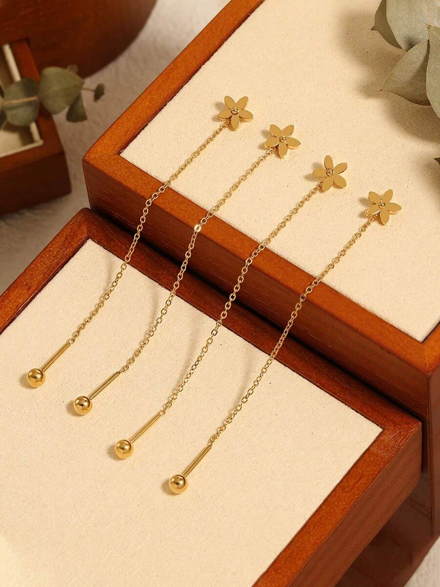 Novos brincos da moda com flor dourada, borla, corrente e pingente, brincos delicados e lineares com pingente, joias de casamento, presente pendente nobre - Dourado - Visão 1