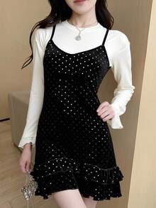DAZY Camiseta sin mangas casual y dulce con volantes de dobladillo de contraste de lunares para mujer - Negro - Ver 6