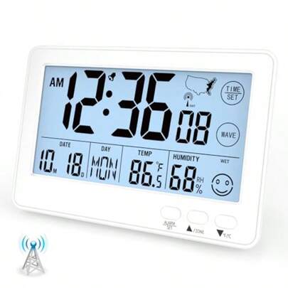 HAWTSmall Desk Atomic Alarm Clock For Bedroom Self-Calibrating Time And Date Clock With 4 Time Zone DST Temperature Humidity Alarm And Snooze For 's Bedroom School