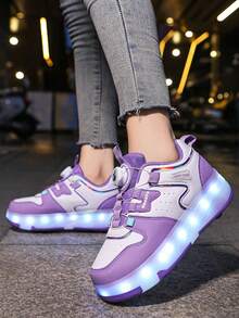 女童四轮滑冰鞋，新款儿童旋转按钮可调节滑冰鞋，PU皮革轻便耐用双轮隐形滑冰鞋，四季皆宜LED发光鞋，USB充电，可拆卸轮子，冰上滑冰/轮滑二合一鞋