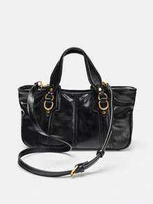 时尚复古酒红色手提包，女士托特包，大容量通勤百搭款，亮面皮革手提包，Y2K复古风格，可拆卸肩带 - 黑色 - 查看 7