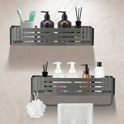 Corner Shower Caddy Suction Cup 2Pack Aluminum Bathroom Shelf Shower Rack Detachable And Reusable No Drilling Gunmetal Gray(With Towel Bar )