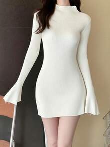 Women's Autumn Above Knee Dress White Long Flared Sleeve O Neck Knit Ribbed Dress - White - View 1