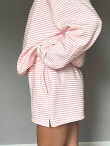 Womens Lightweight Striped Two Pieces Outfits Shorts Set Y2k Long Sleeve Mock Neck Oversized Sweatshirt Pullover Top And Shorts Sweat Set Spring Fall Sweatsuit Tracksuit Loungewear - Pink - View 7