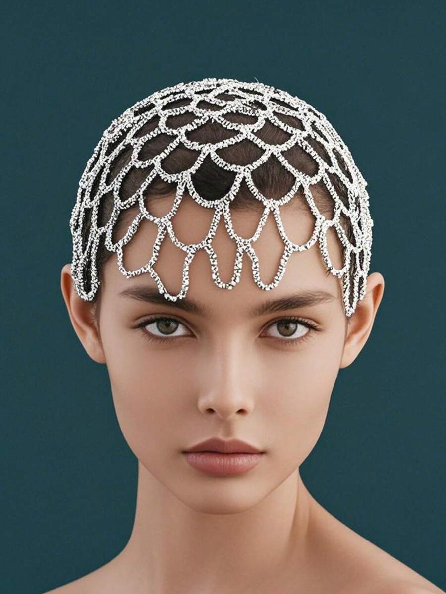 Nuevo estilo europeo y americano Diadema personalizada de moda, diadema unisex geométrica con rhinestones completos, adecuada para banquetes, fiestas, eventos, diversos festivales, joyería para la cabeza - Gorra de malla 296 - Ver 1