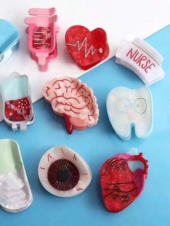 1 st kreativa realistiska hjärn-, hjärta-, klo-, tand-, sjuksköterskemössa-, sprutformade hårspännen, hårklo, håraccessoarer för kvinnor, personliga hårspännen för medicinska serier, läkarstudentanatomi, kreativa halkfria hårspännen i halv knut, roliga håraccessoarer höstmode blomsterklospännen hösthårklämmor eleganta hårspännen vinter för semesterkläder kvinna