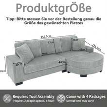 L-förmiges Ecksofa – Divano a 4 posti, 256,5 x 133,5 x 89 cm, velluto a coste classico, design modulare con Ovalem Hocker, 2 baci inclusi, ideale per ambienti domestici, appartamenti e uffici, grigio - grigio - Visualizzare 2