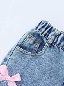 Baby GirlJeans, New Arrival, Y2K Fashion Cute Sweet Pink Bow Decor Wide Leg Jeans, Comfortable & Versatile, Suitable For Daily Outings - Light Wash - View 3