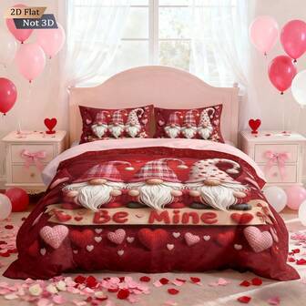 3pcs Set (1 Zipper Duvet Cover + 2 Pillowcases, No Filler), Valentine's Day Red Gnome Heart Element Digital Printing Set. Digital Printing, 100% Polyester, Soft, Warm, Skin-Friendly, Breathable, Suitable For All Seasons. Multiple Sizes And Plus Sizes Available To Meet Different Needs, Suitable For All People And All Rooms.