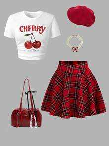 少女卡通印花短袖上衣和格子印花裙 - 白色 - 查看 1