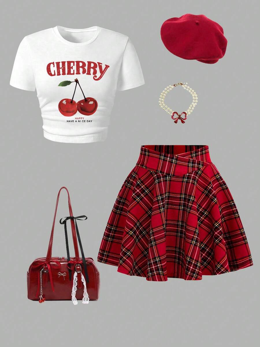 少女卡通印花短袖上衣和格子印花裙 - 白色 - 查看 1