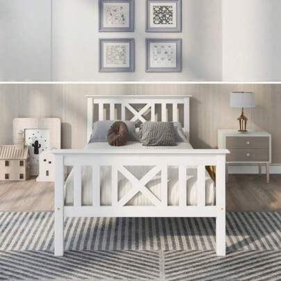 Single Wooden Bed Consisting Of A Bed Frame With Slatted Base And A Headboard - 90 X 200 Cm, Solid Pine, Children's Bed, Teenager's Bed, White