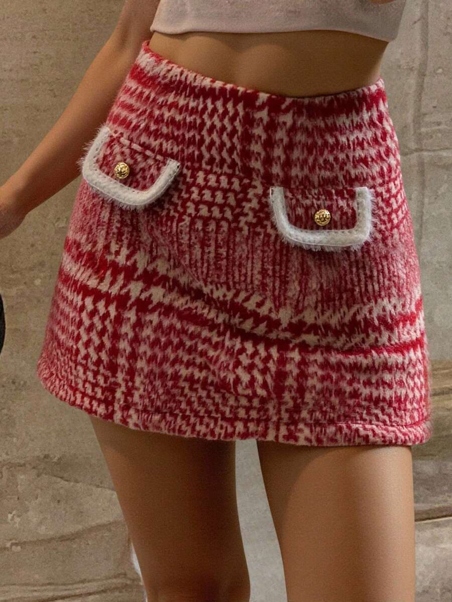 Livesso Christmas Plaid Fuzzy Mini Skirt For Women, Suitable For Autumn/Winter Party - Red - View 1