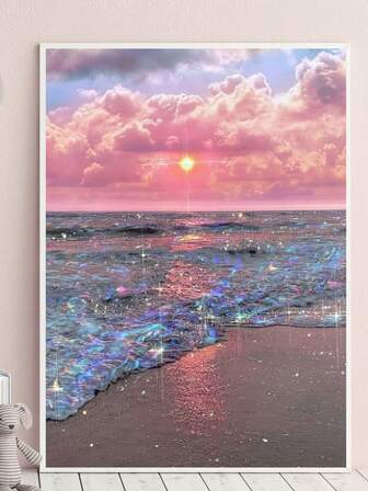 5D Diamond Art Painting Kit Crafts, Pink Landscape Sea Sunset Sunrise, 5D Round Diamond Painting Full Artificial Rhinestone Mosaic Painting Kit, Painting Supplies For Beginners, Handmade DIY Diamond Painting Gemstone Art Home Wall Decor Gift