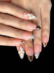 10pcs French Leopard Print Almond Shaped Nail Stickers, Coffee Brown Base Color With Hand-Painted Leopard Print French Tips And 3D Floral Decor, Suitable For Autumn/Winter Wear, Minimalist And Soft Nail Art Set For Girls And Women Nails Nail Supplies - Coffee Brown - View 4