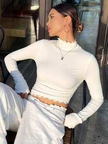 Livesso New Autumn Ladies Solid Color Ruffle Trim Turtleneck Long Sleeve Slim Fit T-Shirt - White - View 4