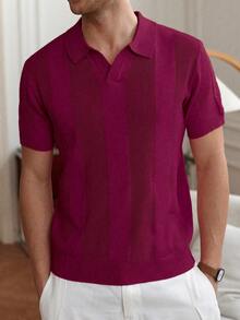 Koszulka polo męska HUODA z krótkim rękawem, prążkowana, w paski: prosta i stylowa, odpowiednia na codzienne dojazdy do pracy wiosną i jesienią - Czerwony fiolet - Zobacz 5