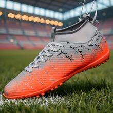 1双男女通用高帮户外足球鞋，防滑耐用，适合团队运动，成人、学生、青少年、大码人士均可穿着，适用于人造草坪，系带设计，皮革材质，轻便高性能，防滑设计，专业足球鞋，厂家直销 - 灰桔 - 查看 5
