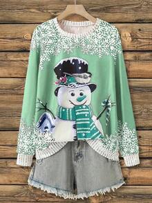 Weihnachts-Schneemann-Muster Loose Fit Langarm Lässig Sweatshirt für Frauen - Dunkelgrün - Übersicht 4