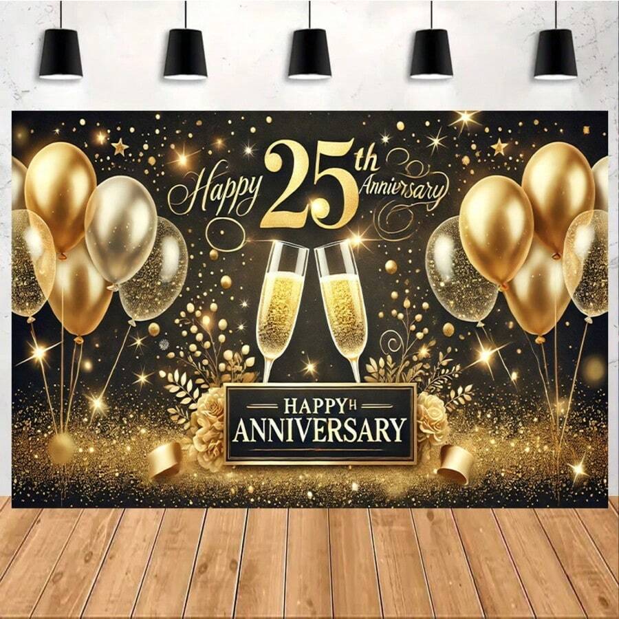 1 pièce Bannière de fond en polyester pour le 25e anniversaire, décoration de fête de célébration, panneau mural polyvalent pour la maison et le jardin, accessoire pour photobooth, sans alimentation électrique, convient pour Noël, Nouvel An, Saint-Valentin, décoration d'intérieur - Multicolore - Voir 1