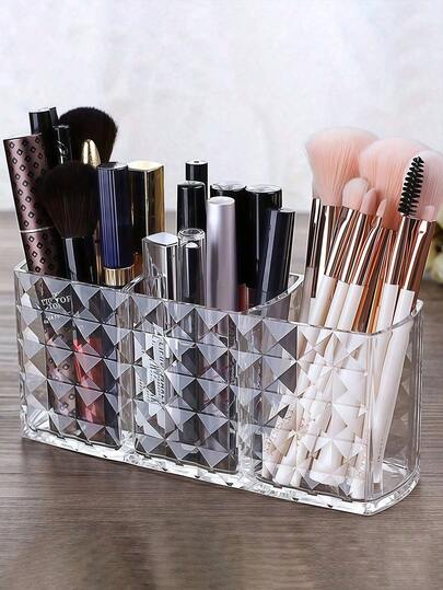 Organizador de maquillaje de acrílico transparente de 3 compartimentos, con soporte para brochas de maquillaje, soporte para bolígrafos, soporte para brochas de maquillaje, accesorios de escritorio adecuados para el baño, la oficina, la escuela y el hogar