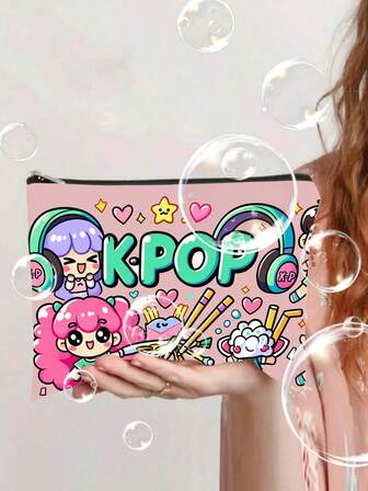 K-Pop Style Cosmetic Bag, Featuring Colorful K-Pop Illustrations, A Lightweight, Foldable Cosmetic Bag, And Travel Toiletry Bag With A Zipper Closure. Perfect For Women, This Is A Great Gift For K-Pop Fans, Friends, And Friends (For Christmas, Birthdays, Graduations, And Anniversaries).