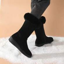 Women's Mid-Calf Snow Boots, Thick Thermal Lining, Wedge Heel, Warm & Soft Material, Side Zipper, Round Toe, Versatile Outdoor Boots For Winter - Black - View 4