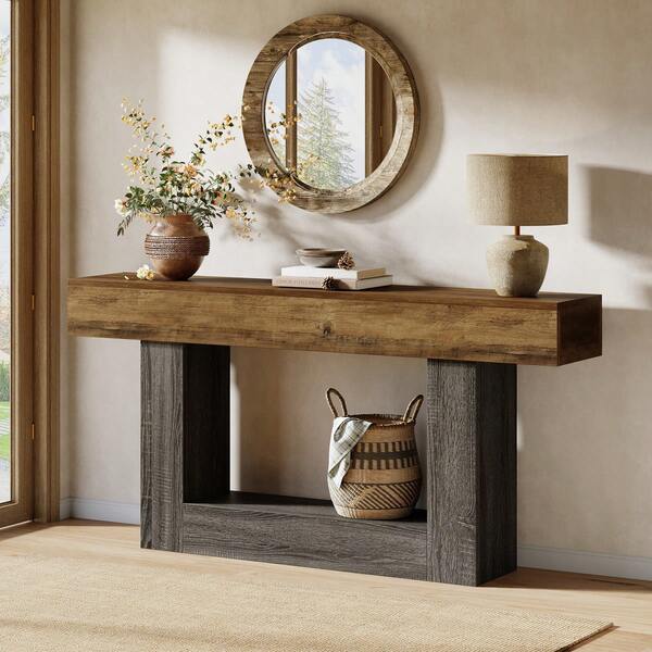 LITTLE TREE Tavolo consolle 160 cm, 2 livelli, stretto e lungo, base a U, per soggiorno/divano dietro, corridoio/ingresso, marrone/grigio vintage