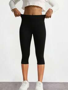 休閒實心吸汗透氣運動打底褲 - 黑色 - 查看 2