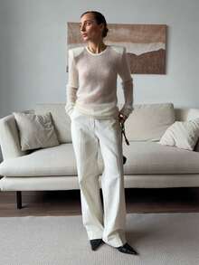 1pc Solid Color Knitted Semi-Sheer Shoulder Ribbed Crew Neck Long Sleeve Knit Top, Casual Spring/Summer - White - View 4