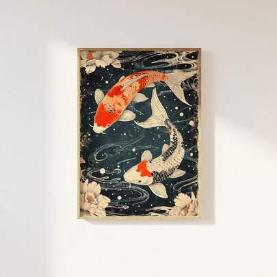 1pc Frameless Japanese Koi Wall Art, Traditional Ukiyo-E Woodblock Print, Zen Poster With A Lotus Pond, Asian Wall Decor For Living Room, Bedroom, Dormitory, Perfect Gift And Birthday Party Decoration, Stylish Poster, Bedroom Room Decor.