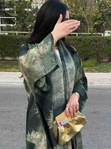 Women's Spring Summer Vintage Printed Long Arabian Abaya, Loose Elegant Arabic Abaya Robe, Modest Robe - Green - View 4