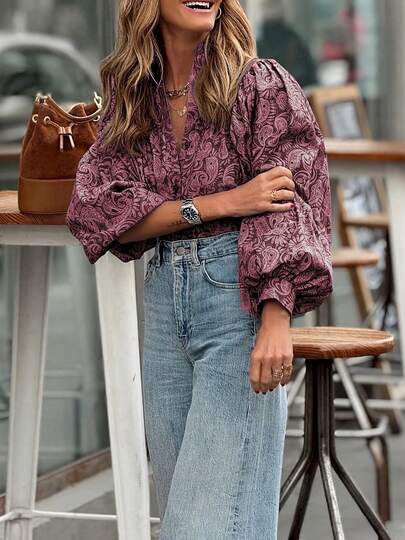 Blusa y camisa casual de manga abullonada con estampado total para mujer de talla grande, corte holgado