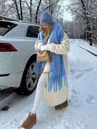 1 pieza Nuevo chal de borlas de felpa para mujer para otoño/invierno, cálido y cómodo, grande, a prueba de viento y cálido para exteriores, simple y versátil para uso diario