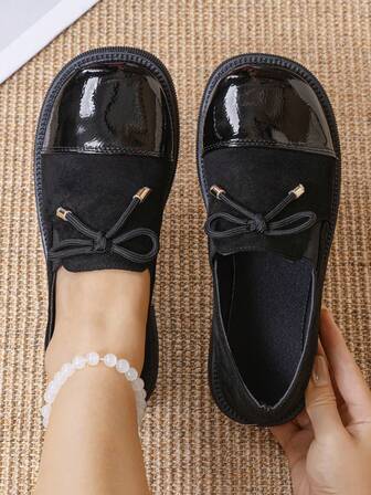Popular Soft Commuter Shoes, School Uniform Style JK Casual Walking Dating Shoes, Preppy College Style Loafers, Patchwork Shoe Upper Bow Embroidery Bow Metal Buckle Round Toe Low-Top Flat Shoes