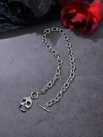 1pc Punk Style Rhinestone Skull Pendant Necklace, Personalized Street Choker Necklace Suitable For Daily Wear And Parties,