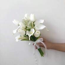 Flores artificiales de cala para bodas, ramo de novia, flores de dama de honor, accesorio de novia, decoración del hogar y fiestas - Blanco - Ver 7