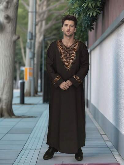 Islam Kaftan Men Moroccan Caftan Hand Printing Loose And Breathable Djellaba Abaya Thobe For Men