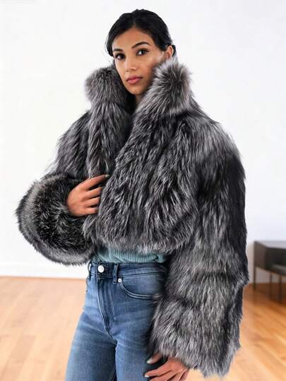 Women's Elegant Silver Fox Print Long Sleeve Faux Fur Casual