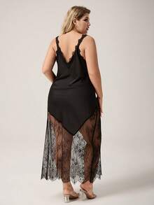 1 Pc Lace Trim Soft & Comfortable Women's Long Nightgown Slip Dress Lingerie Black Nightgown Momo Dress Night Gown Curve Night Gown - Black - View 4