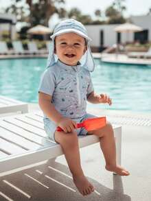 Trajes de baño Rash Guard para niños pequeños, camisetas de manga corta con estampado de dinosaurios, pantalones cortos, sombrero, conjuntos de baño de tres piezas - Azul - Ver 3