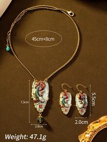 1 Set Women's Fashion Jewelry - 1 Pair Earrings & 1 Necklace, Koi Fish Enamel Copper Alloy Carved Design, Elegant Palace Style, Suitable For Banquet And Daily Wear