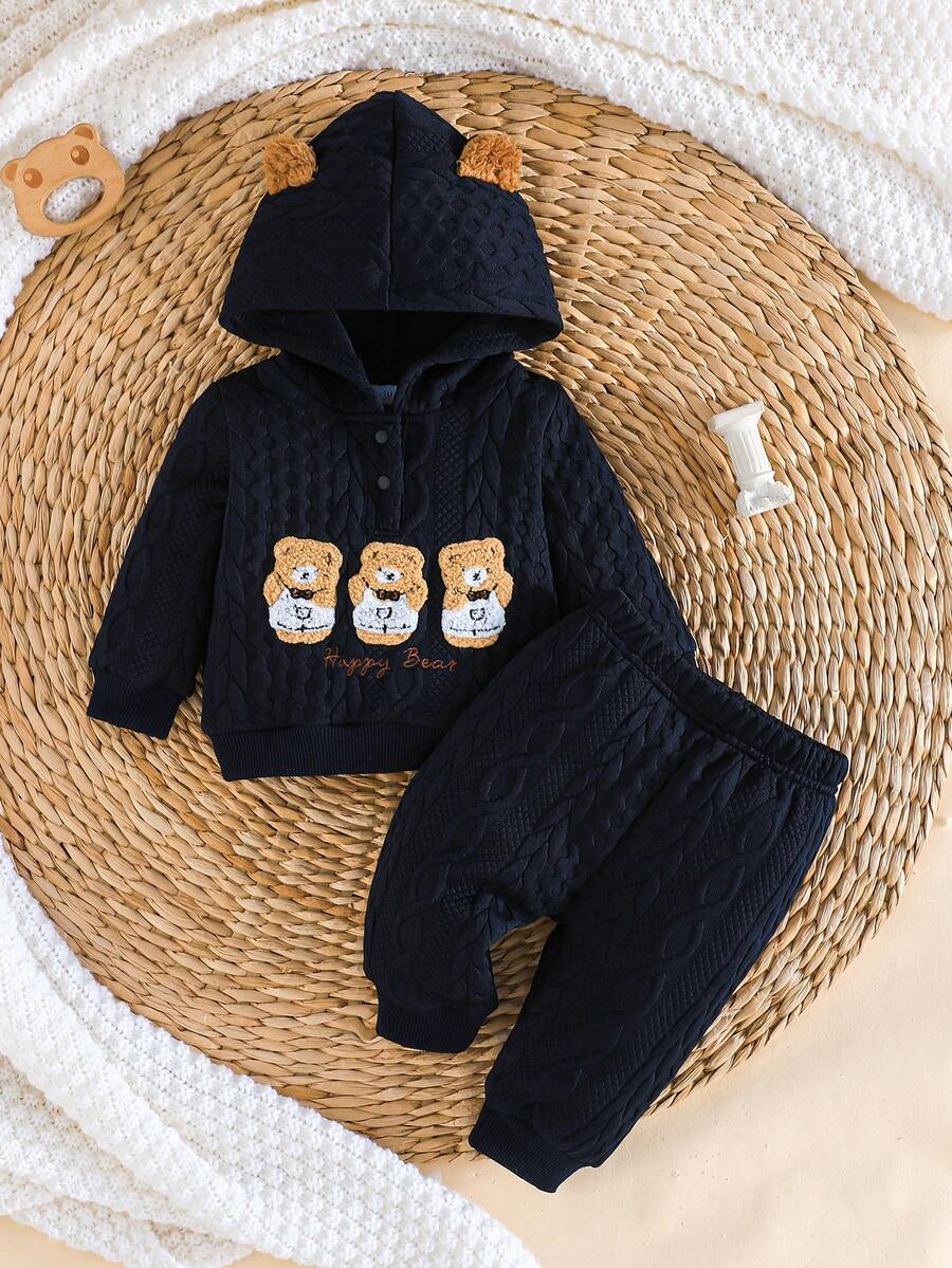 2pcs Newborn Baby Boy Cute Bear Embroidery Hooded Top And Simple Long Pants, Warm Winter Outfit
