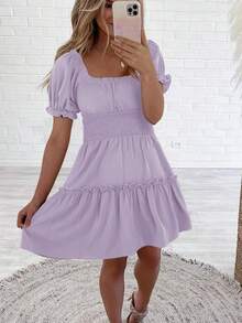 Vestido corto de verano con escote cuadrado, mangas cortas y volantes, estilo boho floral y smock para mujer - Púrpura malva - Ver 5