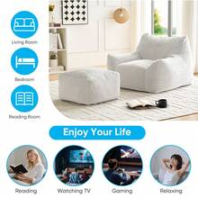 Modern Faux Fur Fabric Large Bean Bag Chair With Ottoman, Oversized Adult Bean Bag Chair With Filler, Lazy Sofa Comfy Bean Bag Couch With Armrests - 白色 - 查看 9