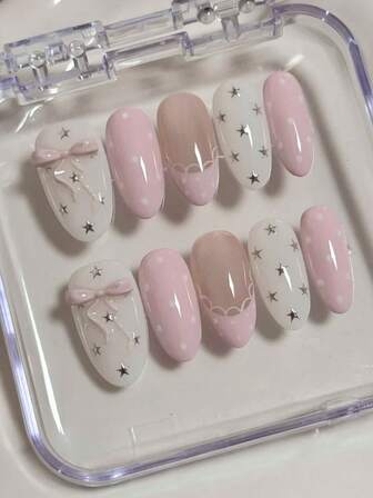 10pcs Medium-Long Oval Press On Nails - Sweet Balletcore Aesthetic Pink & White Fake Nails, Handmade Polka Dot & Star Pattern With 3D Bow Decor, Lace Trim Accents & Translucent Texture, Reusable Wearable Nails For Women, Cute Elegant Manicure Tips (Comes With Jelly Glue & Mini Nail File)