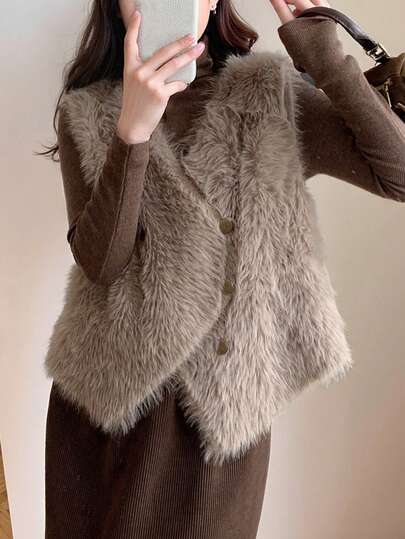 Women Casual Double-Breasted Fluffy V-Neck Cardigan Vest, Autumn/Winter