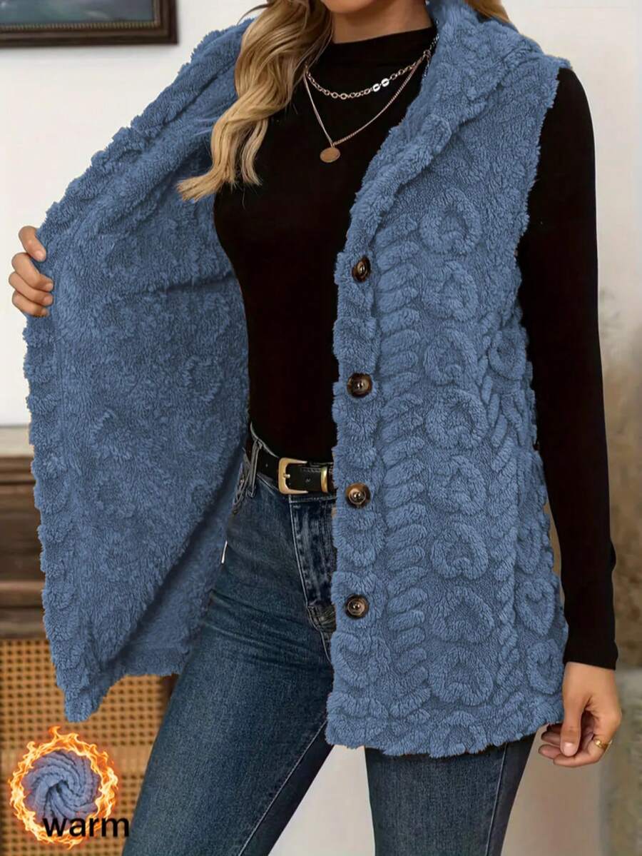 Women's Solid Color Hooded Knit Vest, Sleeveless Button Front Cardigan, Regular Length, With Fuzzy Details - Blue - View 1
