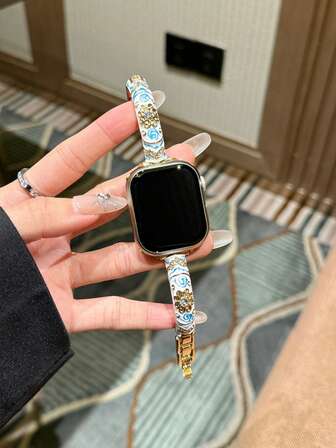 LuLuTom 1条时尚蓝白瓷纹手链表带，兼容 S11/S10/9/8/7/6/SE/5/4/Ultra 2/3，兼容表带尺寸：49mm（S10/S11）、46mm、45mm、44mm（S10/S11）、42mm、41mm、40mm、38mm，滴胶环氧树脂金属表带，兼容，复古精致休闲时尚女士手表配件，智能手表表带/表链