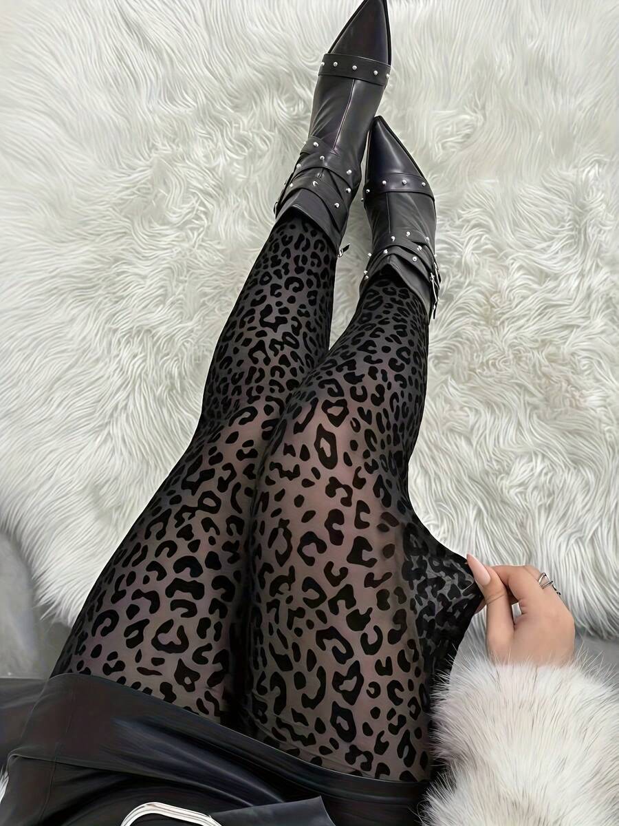 Hot-Selling Women's Black Leopard Print Mesh See-Through Flocked Printed Leggings Fashionable Elegant Leggings (Single Item) Fashionable Soft Comfortable Machine Washable Exquisite Style Christmas New Year Date Nightclub Party Wear Suitable For Wearing With Coats - 黑色 - 查看 1